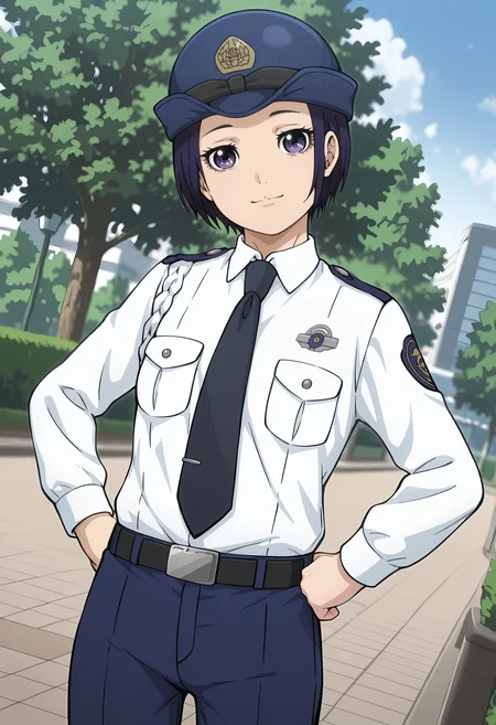best quality, amazing quality, perfect quality, high quality, masterpiece, absolutely eye-catching BREAK
<lora:Police_in_a_Pod_-_Mai_Kawai:1> HakozumeMai, purple eyes, blue hair, short hair BREAK
police uniform, police hat, white shirt, necktie, black belt, blue pants, black shoes BREAK
1girl, solo, park, outdoors, cowboy shot, head tilt, light smile, dutch angle, hands on hips, looking at viewer