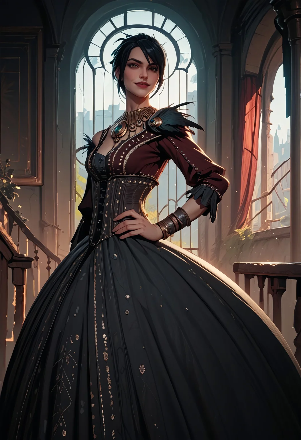 score_9, score_8_up, score_7_up, score_6_up, score_5_up, score_4_up, cowboy shot, 1girl, hand on hip, dai_morrigan, dai_morrigan_dress, seductive smile, interior, skyhold, grand hall, building, window, curtains, <lora:FantasyKeep_Pony:0.8> <lora:Morrigan_DAI-000008:0.9>