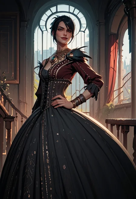 score_9, score_8_up, score_7_up, score_6_up, score_5_up, score_4_up, cowboy shot, 1girl,  hand on hip,  dai_morrigan, dai_morrigan_dress, seductive smile, interior, skyhold, grand hall, building, window, curtains, <lora:FantasyKeep_Pony:0.8>  <lora:Morrigan_DAI-000008:0.9>