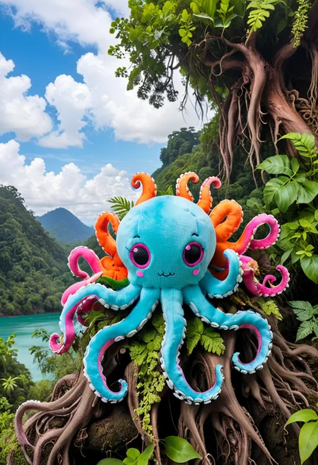 stuffed animal, cute colourful octopus, in the jungle, on the roots under giant three, amazing scene, breathtaking image, little clouds, plushify