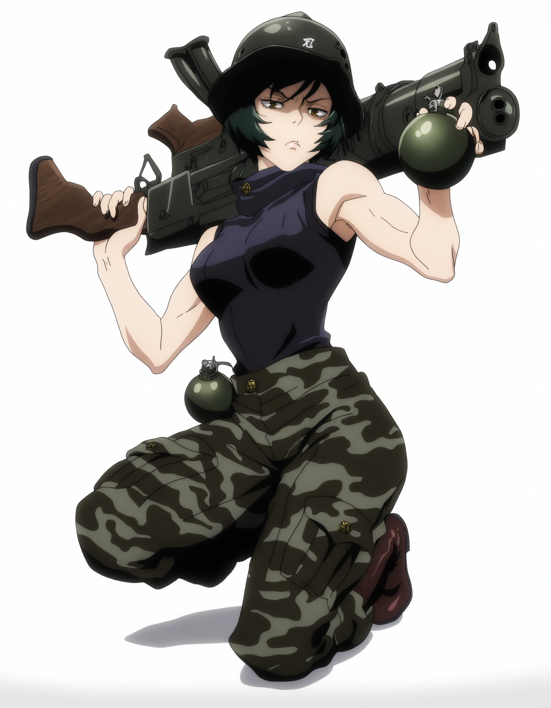 full body, solo, perfect composition, shadows, shading, <lora:anime_screencap-Illustrious:0.65> anime screencap, anime coloring, very aesthetic, absurdres, zPDXL, <lora:Pony_DetailV2.0:0.5> <lora:illustrious_quality_modifiers_masterpieces_v1:1>
<lora:m21jk:1> m21jk, 1girl, green hair, army helmet, female focus, looking at viewer, fierce expression, pout, defined lips, glossy lips, posing, kneeling, on one leg, leaning, holding grenade launcher, shooting projectile, explosion, 
sleeveless, black shirt, ribbed turtleneck, toned body, breasts, camo baggy pants, boots, 
white background, simple background,