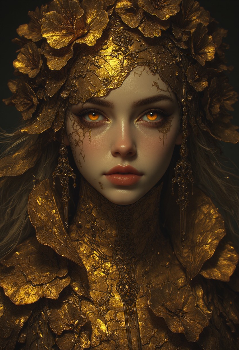 Golden statue of a woman, her skin composed of delicate, textured gold flakes, with chrome and golden flowers intricately woven into her hair, her eyes gleaming with a warm, golden light, wearing a majestic, windy-blown ornate gown with tattered, metallic petals, reminiscent of a dark, dystopian world, her face and shoulders illuminated by a soft, ambient glow, as if radiating an otherworldly energy, in the styles of Royo's dark, mystical realism, Artgerm's hyper-detailed, metallic sheen, and Lovecraft's eerie, atmospheric tension, with meticulous attention to intricate textures, dramatic shading, and a sense of haunting, ethereal beauty.