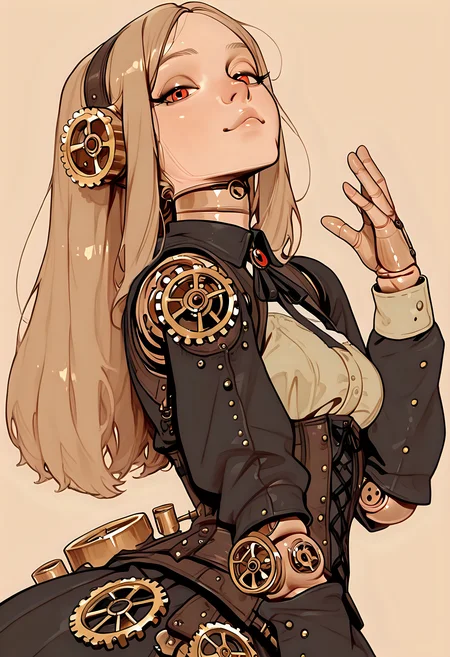 flat_colors,
dynamic pose,
steampunk themed,
1girl, solo,
brass gears doll_joints,
beautiful eyes, looking at viewer,
cute expression, gothic clothed,
beige background,
incoth, (incase:0.6), artist:moriimee, <lora:ck-shadow-circuit-IL-000012:0.4999999999999996> <lora:ck-nc-cyberpunk-IL-000011:0.39999999999999986> <lora:MoriiMee_Gothic_Niji_Style_Illustrious_r1:1.0000000000000002> <lora:incoth:0.2999999999999996>