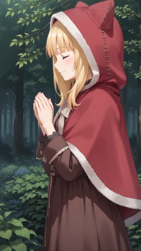 score_9, score_8_up, score_7_up, derpibooru_p_95, uncensored, masterpiece, absurdres, source_anime, 1girl, solo, standing, praying, head down, eyes closed, smile, outdoors, forest, side view, profile, cowboy shot, BREAK, <lora:Anvil_Goblin_no_Suana:0.6>, anvil, blonde hair, medium hair, brown dress, red cloak, animal hood