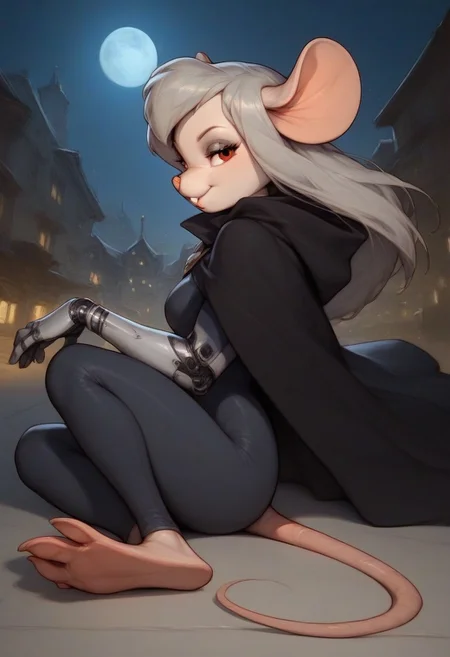 score_9, score_8_up, score_7_up, score_6_up, score_5_up, score_4_up, city, night, moon, moon light widget_h0Ickwrench, black diving suit, mouse girl, anthro mouse, black cloak, light grey hair, long hair, red eyes, white fur, seductive look, bedroom eyes, looking at viewer, 3/4 side view, full body view, mouse feet, bare foot, sitting on ground, sexy pose, robotic arm