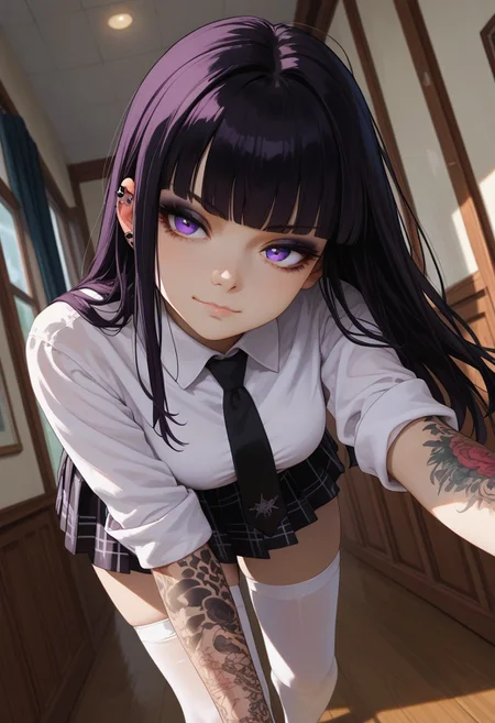 (score_9, score_8_up, score_7_up), 1girl, solo, black hair, purple eyes, long hair,  straight bangs,  26 years old, medium breasts, (goth:1.3), 
(white shirt, black tie, checkered pleated skirt, white stockings, thighighs:1.2), checkered skirt,  hime cut,  sneakers, rolled up sleves,
tattoo, tattoo on body, tattoo on arm
Expressiveh,
fisheye,  (dutch angle, face close-up, face focus, :1.4), 
 (walking down hall, indoors:1.1), college,
 smug, bored,