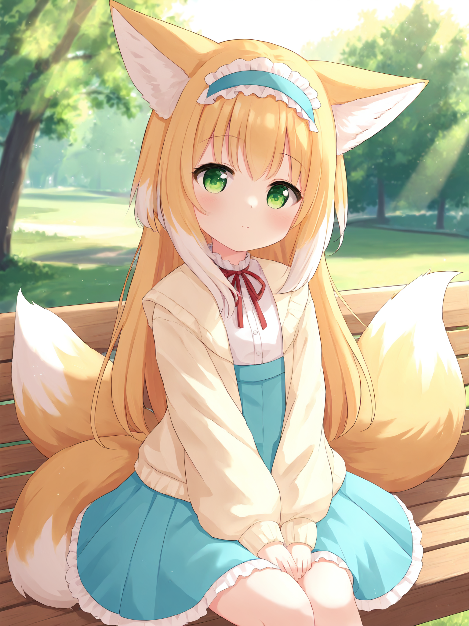 1girl,animal ears,blue frilled hairband,brown footwear,brown open cardigan,closed mouth,cyan_high-waisted_skirt,ears down,fox ears,fox girl,fox tail,looking at viewer,red neck ribbon,sleeves past wrists,solo,suzuran \(arknights\),white cardigan,park bench,sunlight,many tails,green eyes,<lora:linglan-SDXL-lora-2024.10.19-version1-000024:0.45>,<lora:YPWR-SDXL-LOCON-2025.3.16-64-32-16-8:1>,