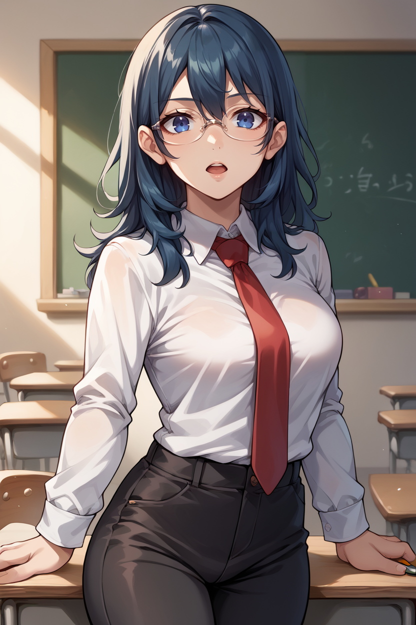 score_9, score_8_up, score_7_up, score_6_up, source_anime, BREAK 1girl, <lora:byleth-pdxl-nvwls-v1-000005:1> defByl, blue hair, blue eyes, glasses, white shirt, long sleeves, red necktie, medium breasts, black pants, blackboard, classroom, looking at you, open mouth, standing, holding pencil