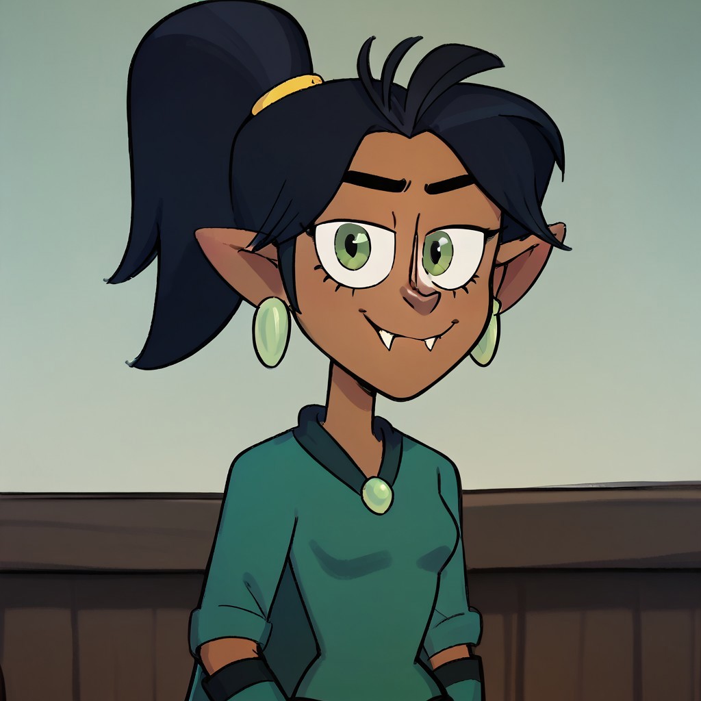 score_9, score_8_up, score_7_up, score_6_up, 1girl, solo, K4tyaOH, black hair, fangs, pointy ears, dark skin, green eyes,
 yellow headband, green gloves, green leotard, earrings, cape,
cowboy shot, looking at viewing