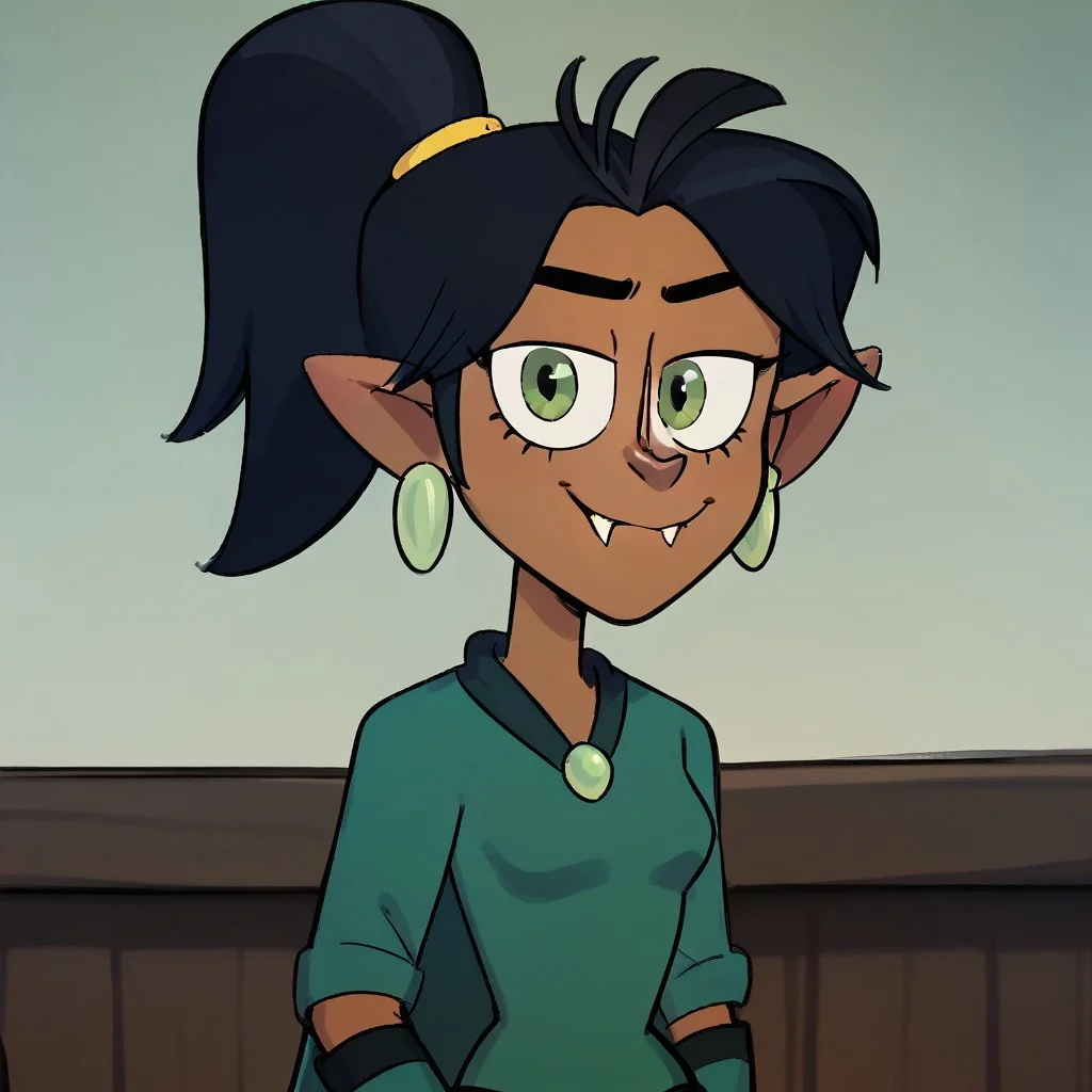 score_9, score_8_up, score_7_up, score_6_up, 1girl, solo, K4tyaOH, black hair, fangs, pointy ears, dark skin, green eyes,
yellow headband, green gloves, green leotard, earrings, cape,
cowboy shot, looking at viewing