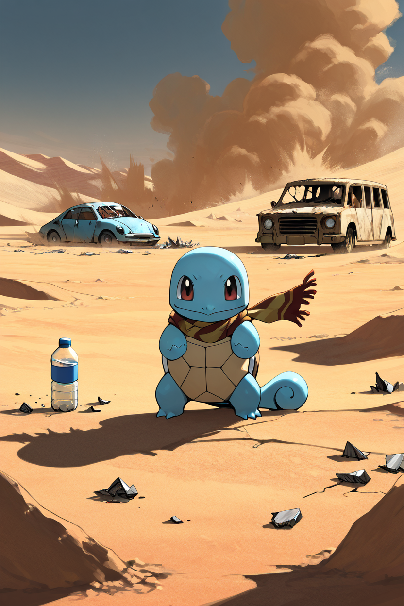 masterpiece, best quality,   <lora:SquirtlePokedexIXL:1.0>,   zzSquirtle, tattered scarf, scavenger gear, cracked shell, rusted water bottle, desert wasteland, broken highway, abandoned car, survival instincts, intense expression, dramatic dust storm