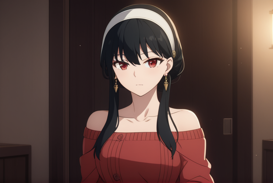 masterpiece, best quality, highres, 4k, 8k, intricate detail, cinematic lighting, amazing quality, amazing shading, soft lighting, Detailed Illustration, anime style,
yorbriar, <lora:yor-briar-s1s2-sdxl-lora-nochekaiser:0.75>,
yor briar, black hair, red eyes, earrings, white hairband, hairband, long hair, sidelocks,
bare shoulders, collarbone, dress, long sleeves, off shoulder, off-shoulder dress, off-shoulder sweater, pantyhose, red sweater, sweater, sweater dress, thighs,
indoors,
looking at viewer, full body, dynamic pose,