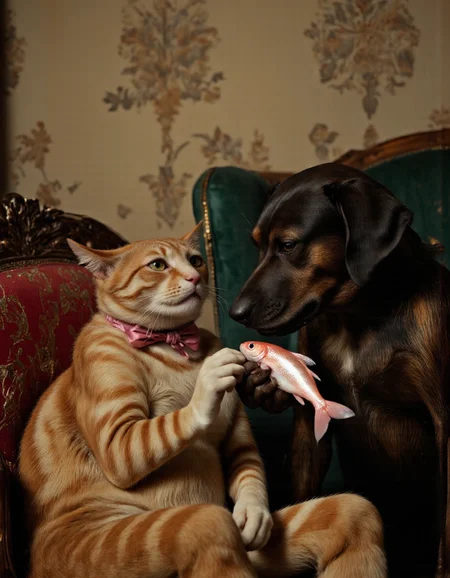 <lora:funnys:1>, This image is a hyper-realistic photograph capturing an enchanting and whimsical scene. It features two anthropomorphic animals seated on a vintage-style green armchair, rendered with meticulous attention to detail and lifelike textures. On the left sits a striped ginger cat with soft, velvety fur, its sleek coat showcasing intricate tabby patterns that ripple subtly under the light. Its large, round eyes reflect delicate highlights, making them appear almost alive, imbuing the cat with a sense of quiet intelligence. The cat wears a perfectly knotted pink bow tie, contrasting elegantly against its warm, earthy tones. Its expression is calm yet slightly aloof, as if lost in thought, while its lithe yet slightly chubby bodyâwith fine folds of skin visible around its neckârests comfortably with paws crossed in its lap., 
To the right, a black and brown dog with glossy, intricately detailed fur gazes intently at a small, shimmering pink fish held delicately in its paws. The dog's expressive eyes are filled with concern and curiosity, each strand of fur meticulously defined, creating a sense of tactile realism. The fish gleams under soft lighting, its scales catching the light with a pearlescent sheen, adding a touch of magic to the composition., 
The background showcases an old floral-patterned wallpaper, its intricate design rendered with stunning clarity. Subtle shades of beige and light brown blend seamlessly, while the delicate floral motifs feature muted colors that evoke nostalgia. The dark green armchair, upholstered in a fabric with a slightly worn texture, anchors the scene with its rich, tactile surface. A red and gold patterned cushion on the left side adds a pop of color and depth, its embroidered details crisp and vivid., 
The interplay of light and shadow enhances the three-dimensional quality of the photograph, lending it an immersive atmosphere. Every elementâfrom the lifelike textures of the animals' fur to the aged patina of the armchairâcreates a seamless blend of classic charm and modern precision. The result is a humorous yet heartwarming moment frozen in time, inviting viewers into a world where reality meets imagination. The ginger cat's striking striped pattern adds a playful and dynamic contrast to the serene setting, further enhancing the visual narrative.