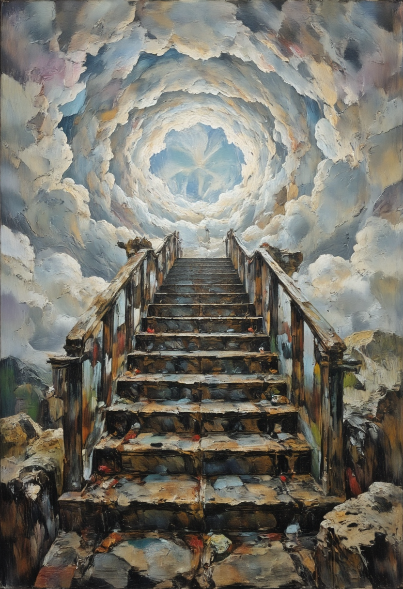 A staircase that leads to nowhere, surrounded by drifting clouds, Dreamlike and Surreal, in memadukan_painter art style, <lora:Memadukan_Brush_Strokes_of_Fineart:1.0>