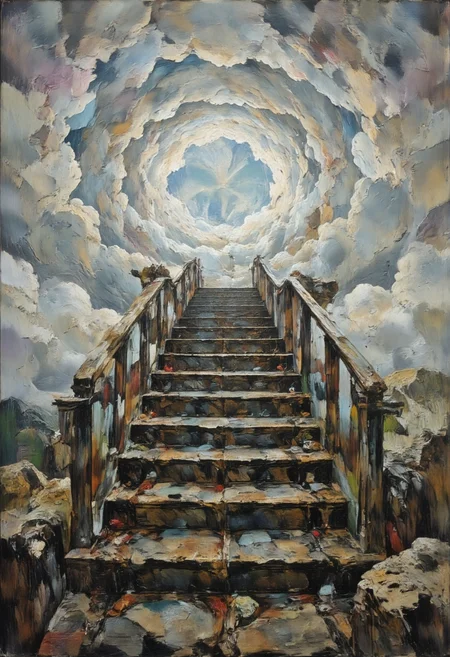 A staircase that leads to nowhere, surrounded by drifting clouds, Dreamlike and Surreal, in memadukan_painter art style, <lora:Memadukan_Brush_Strokes_of_Fineart:1.0>