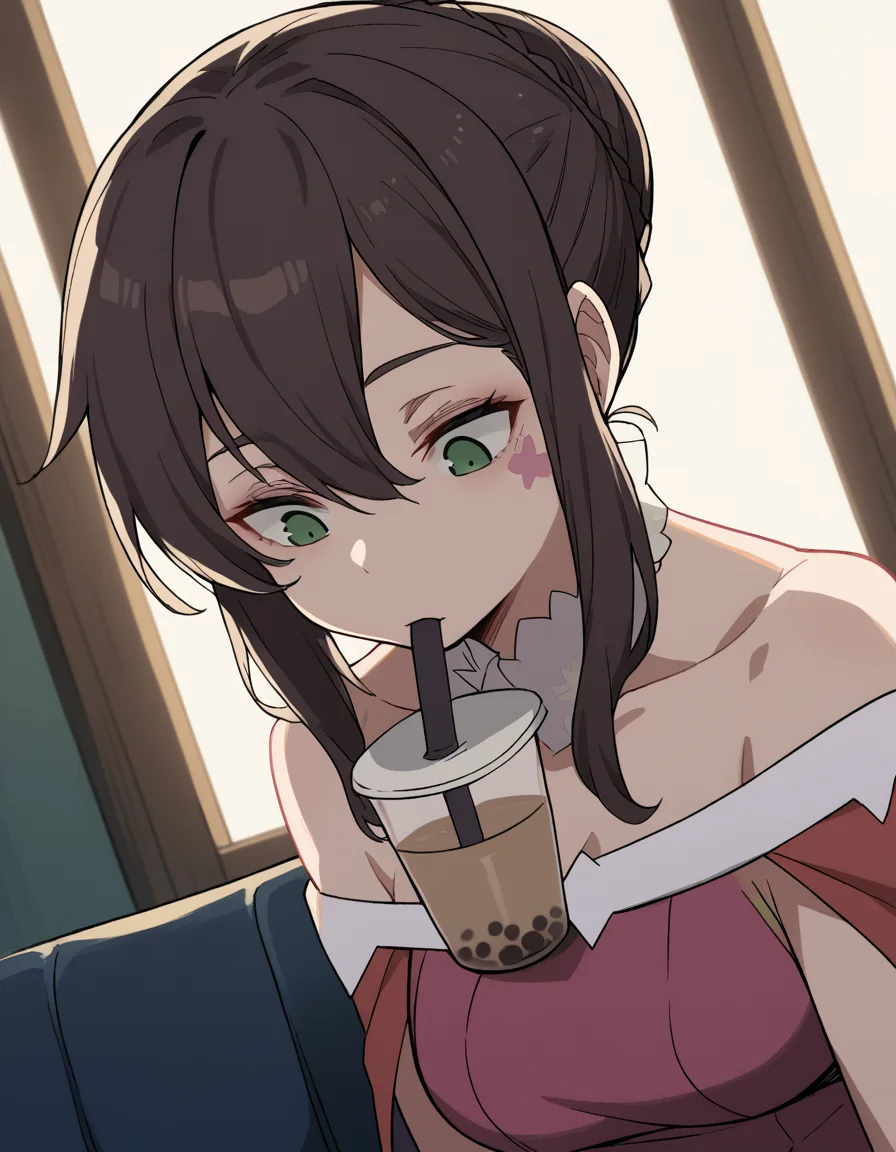 score_9, score_8_up, score_7_up, source_anime, <lora:v-lila-f-hnu-ponyxl-lora-nochekaiser:1>, v lila f, brown hair, black hair, green eyes, braid, sidelocks, hair bun, makeup, facial mark, single hair bun, hair between eyes,, <lora:bubble-tea-challenge-ponyxl-lora-nochekaiser:1>, bubble tea challenge, bubble tea, object on breast, drinking straw, drinking straw in mouth, drinking, cup,, indoors, sitting, looking down, , cowboy shot, dutch angle