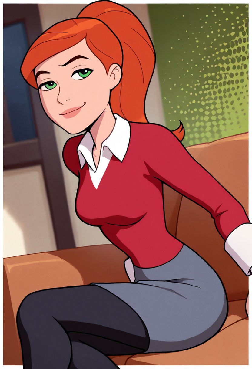 gwenuaf, 1girl, ponytail, solo, green eyes, orange hair, lips, breasts, collared shirt, long sleeves, red shirt, white shirt collar, dark grey skirt, black pants,, smile, upper body, halftone effect, white borders, abstract background:1.2, , masterpiece, best quality, amazing quality, very aesthetic, absurdres, newest,sitting, living room,