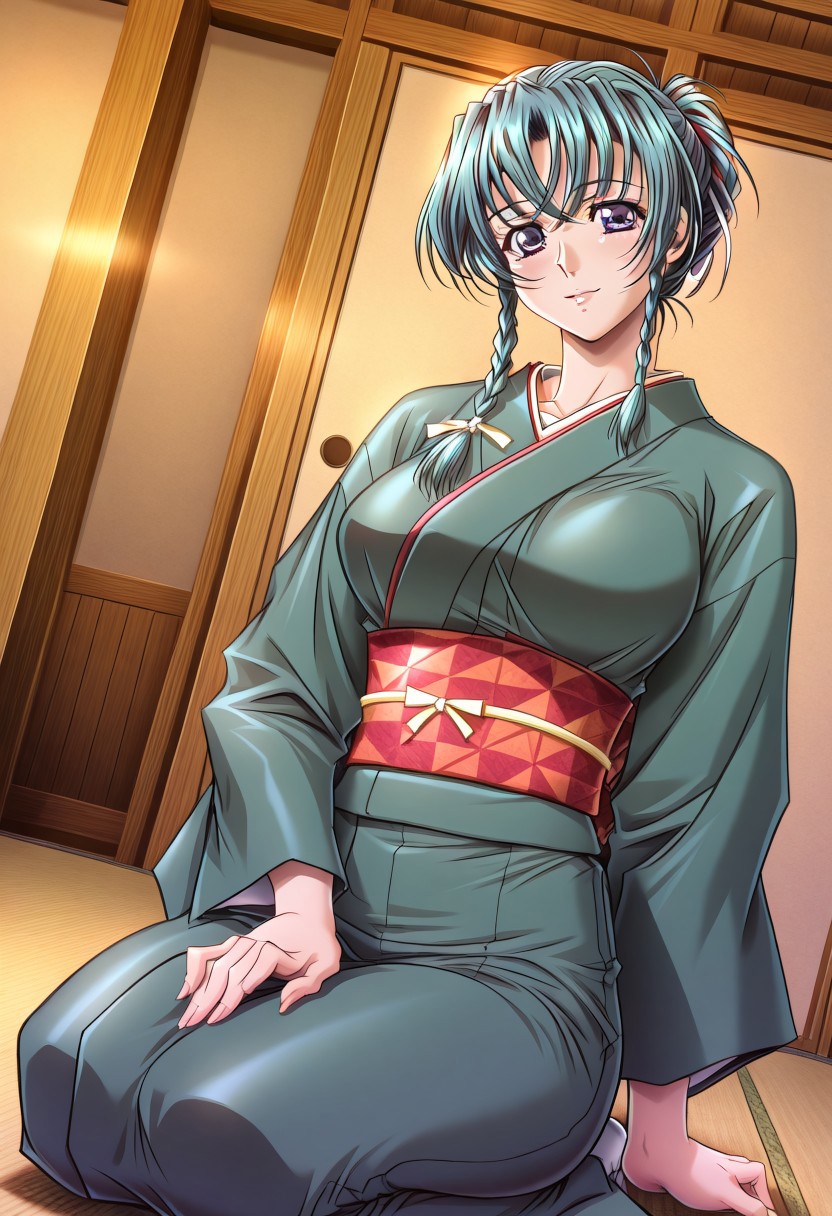 masterpiece, best quality, newest, highres, uncensored, 1girl, yokota mamoru style,motion lines,1girl,Kisaragi Shizuka,Long hair,Teal hair,Tiny Braid,Violet eyes,large breasts,,  hair bun, single hair bun, braid, french braid,japanese clothes, kimono, sash, obi, green kimono,indoors, sitting, seiza,looking at viewer, cowboy shot, solo, dutch angle,