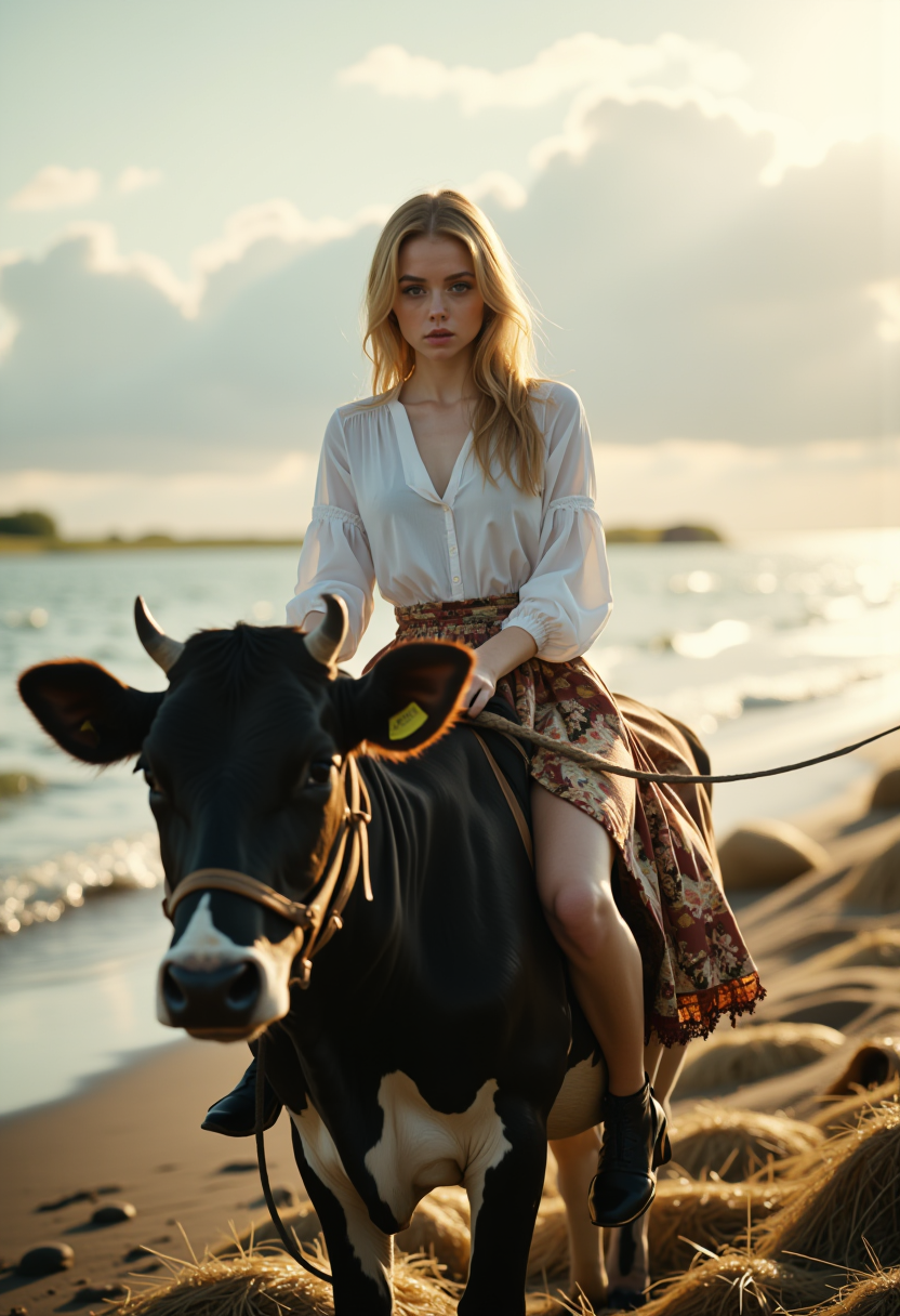cinematic film still f4rm3rw0m4n, woman, (full body shot:1.25), in dress shirt and skirt at beach, riding calf dairy cow . shallow depth of field, vignette, highly detailed, high budget, bokeh, cinemascope, moody, epic, gorgeous, film grain, grainy