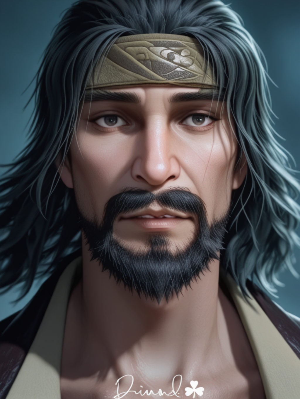 tanghao, facial hair, headband, black hair, realistic, mustache, masterpiece, best quality, amazing quality, newest