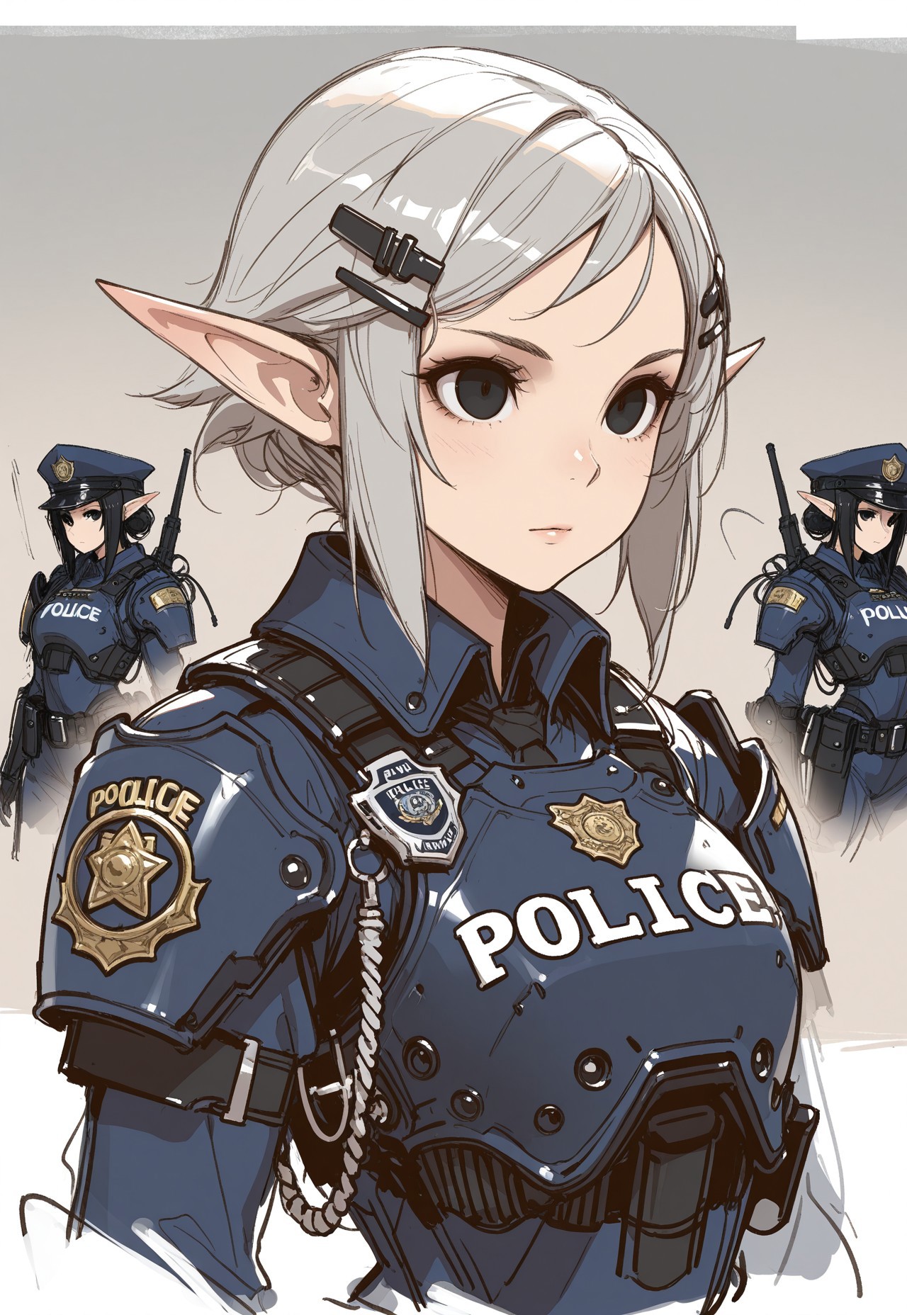 masterpiece, best quality, concept art, sketch, 1girl, pointy ears, armor, black eyes, hairclips, police, detailed eyes, solo