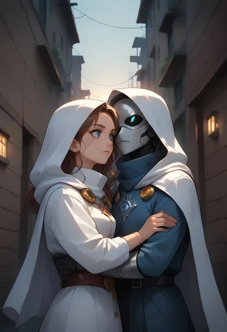 hidden face, mysterious character draped in a tattered white cloak with a hood, standing upright, holding a sliver sword with one hand on the hilt and positioned in front of him, nobility and secrecy, with armor gear visible around the waist. background is dark snowy alley, enigmatic aura of the character. The style is ethereal and artistic, soft lighting and shadows, cinematic warm lighting, mystery, white cloak should have a soft texture, sword should have a shiny metallic sheen. <lora:mommyfy_V2:1>
