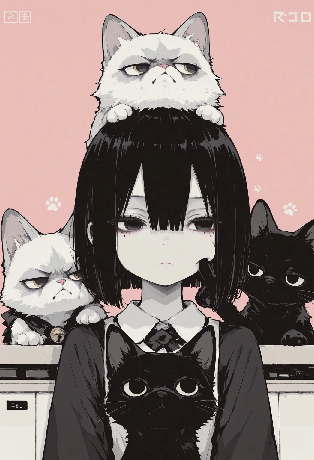 1girl, solo, black hair, bob cut, hair between eyes, solid black eyes, detailed eyes, looking to the side, mole under eye, head support, head on counter, expressionless, pale skin, straight on, close up, animal focus, grumpy cat, black cat,cat on head, paw on another's cheek, (cheek poking:1.1), pink dithering background, chromatic aberration,dithering,pixel art, no lineart, no outline, blending, flat color,15546+456868, r17329_illu,S4bit4mago_illu