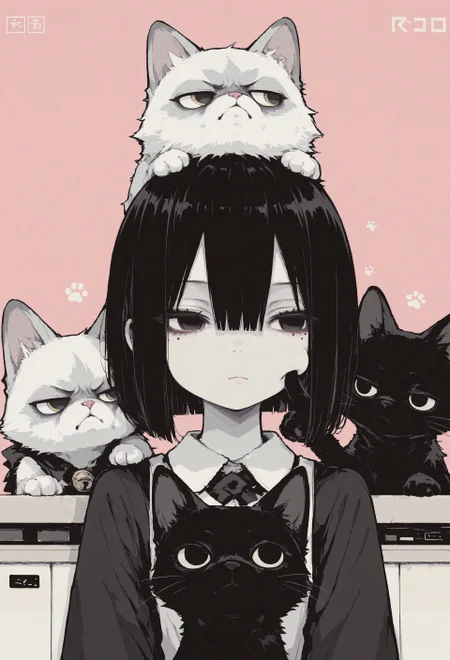 1girl, solo, black hair, bob cut, hair between eyes, solid black eyes, detailed eyes, looking to the side, mole under eye, head support, head on counter, expressionless, pale skin, straight on, close up, animal focus, grumpy cat, black cat,cat on head, paw on another's cheek, (cheek poking:1.1), pink dithering background, chromatic aberration,dithering,pixel art, no lineart, no outline, blending, flat color,15546+456868, r17329_illu,S4bit4mago_illu