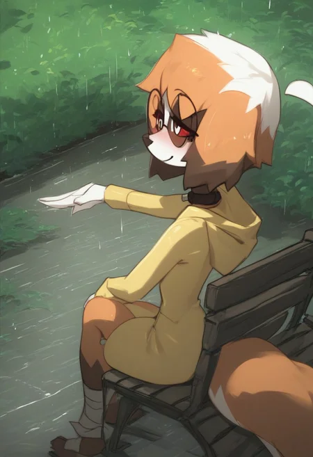 Expressiveh, score_9, score_8_up, score_7_up, score_6_up, score_5_up, best quality, high quality, good anatomy, realistic, high res, nice shading, nice angle, outdoor, 1girl, solo, sol, furry, animal ears, dog ears, tail, ahoge, short hair, multicolored hair, orange hair, white hair, red eyes, white pupils, blush, skinny, petite body, cute face, sunglasses, round eyewear, hood, hood up, collar, bandages, bandaged legs, sad, smile, raining, garden, sit on bench, bench, side view