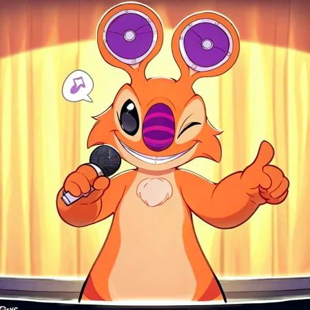 score_9, score_8_up, score_8, furry, Sample_LS, alien, orange fur, chest tuft, large ears, purple inner ear, purple nose, black eyes, cartoon style, 2d, solo, standing, holding microphone, spoken music notes, pointing at viewer, wink, smile, under spotlight, on stage, inside