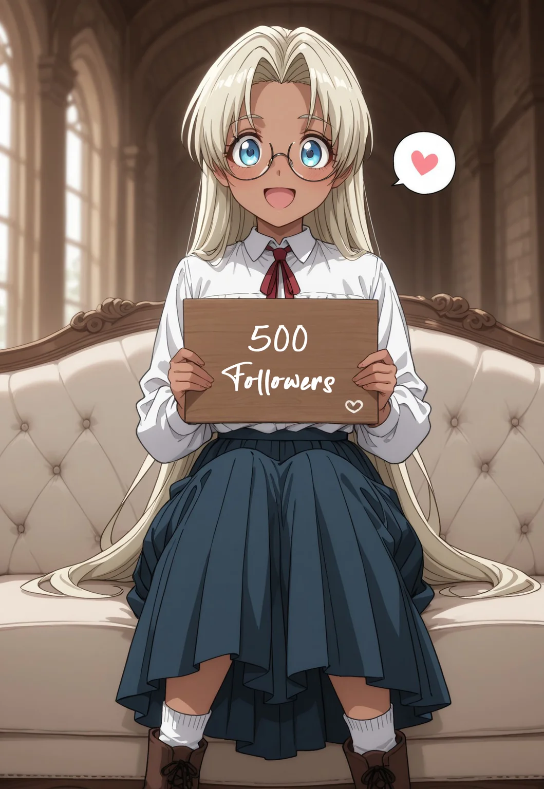 masterpiece, best quality, amazing quality, very aesthetic, absurdres, YoungIntegra, child, 1girl, blonde hair, very long hair, curtained hair, bangs, dark skin, blue eyes, glasses, white blouse, red neck ribbon, blue long skirt, white socks, brown boots, sitting, on couch, indoors, manor, day, :D, holding sign, spoken heart