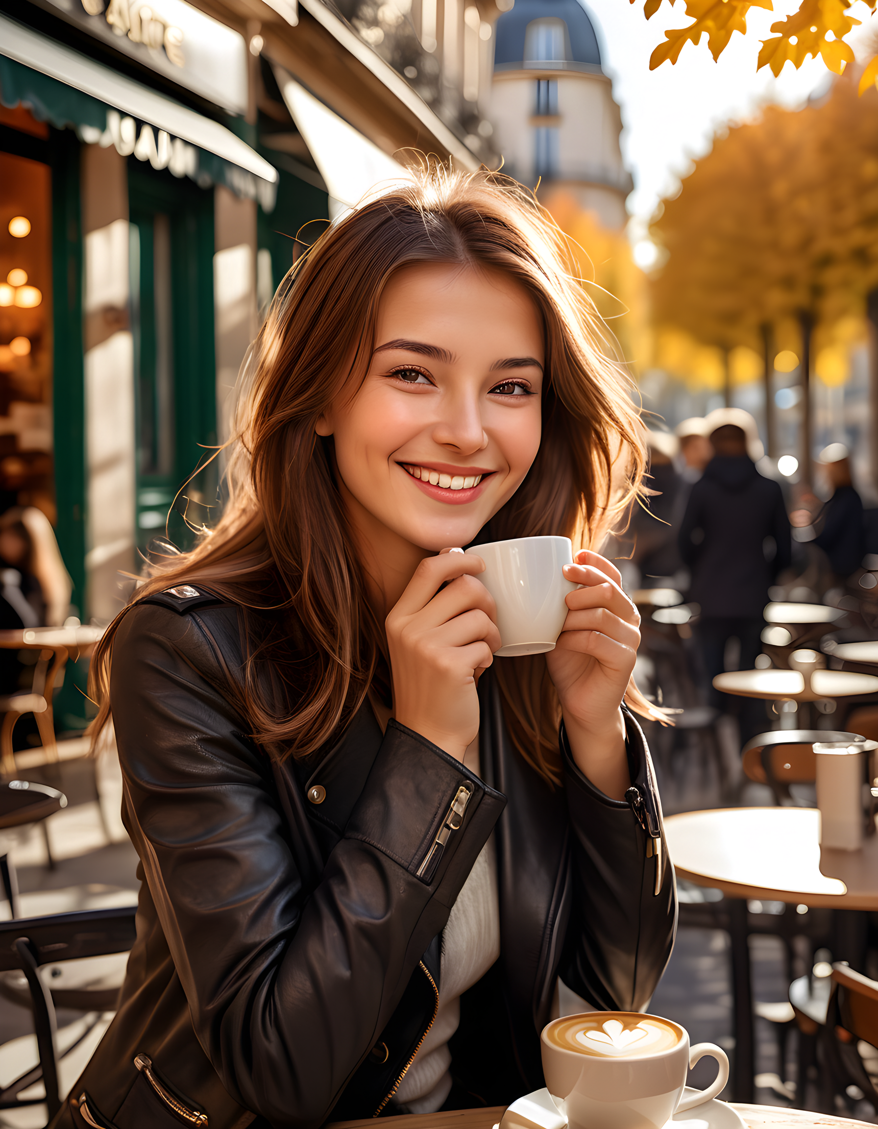 N4NCYJMM, In a vibrant, sun-drenched Parisian street cafe on a crisp autumn afternoon, a radiant woman with a cascade of brown hair, wearing a stylish black jacket and flashing a warm smile, is captured in a close-up portrait. She holds a delicate cup of steaming coffee between her fingers, her eyes twinkling with joy as she gazes at the camera, while the golden leaves of nearby trees and the bustling activity of the cafe form a lively backdrop. The soft, warm light from the setting sun filters through the cafe's windows, casting a gentle glow on the woman's face, enhancing her natural beauty and the vibrancy of the scene.