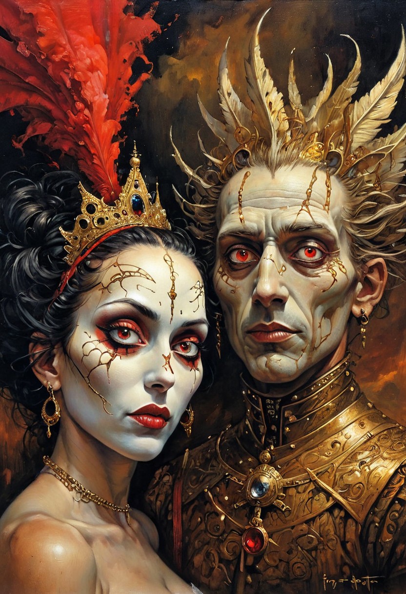 fr4z3tt4, masterpiece close up painting of a portrait of  a diverse couple with bright white face, and man dark black face with red eyes aaron horkey, in the background,  hyeronimus bosch. With gold and cardinal red surreal Salvador Dali clouds coming out of her head. more surrealism and bizarre designs with bright vibrant colours.