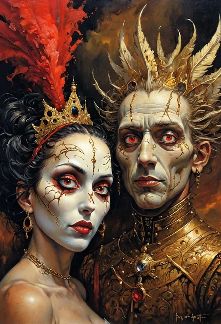 fr4z3tt4, masterpiece close up painting of a portrait of  a diverse couple with bright white face, and man dark black face with red eyes aaron horkey, in the background,  hyeronimus bosch. With gold and cardinal red surreal Salvador Dali clouds coming out of her head. more surrealism and bizarre designs with bright vibrant colours.