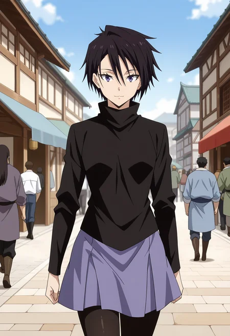 anime screencap, masterpiece, best quality,
<lora:TenSura_SakaguchiHinata_IlluXL:0.9>,
1girl, solo, closed mouth, light smile,
hair between eyes, short hair, black hair, purple eyes,
turtleneck shirt, black shirt, long sleeves, purple skirt, black pantyhose,
walking, looking at viewer, cowboy shot,
east asian architecture, city, street, medieval, people, orc, outdoors, blue sky, solo focus, blurry background