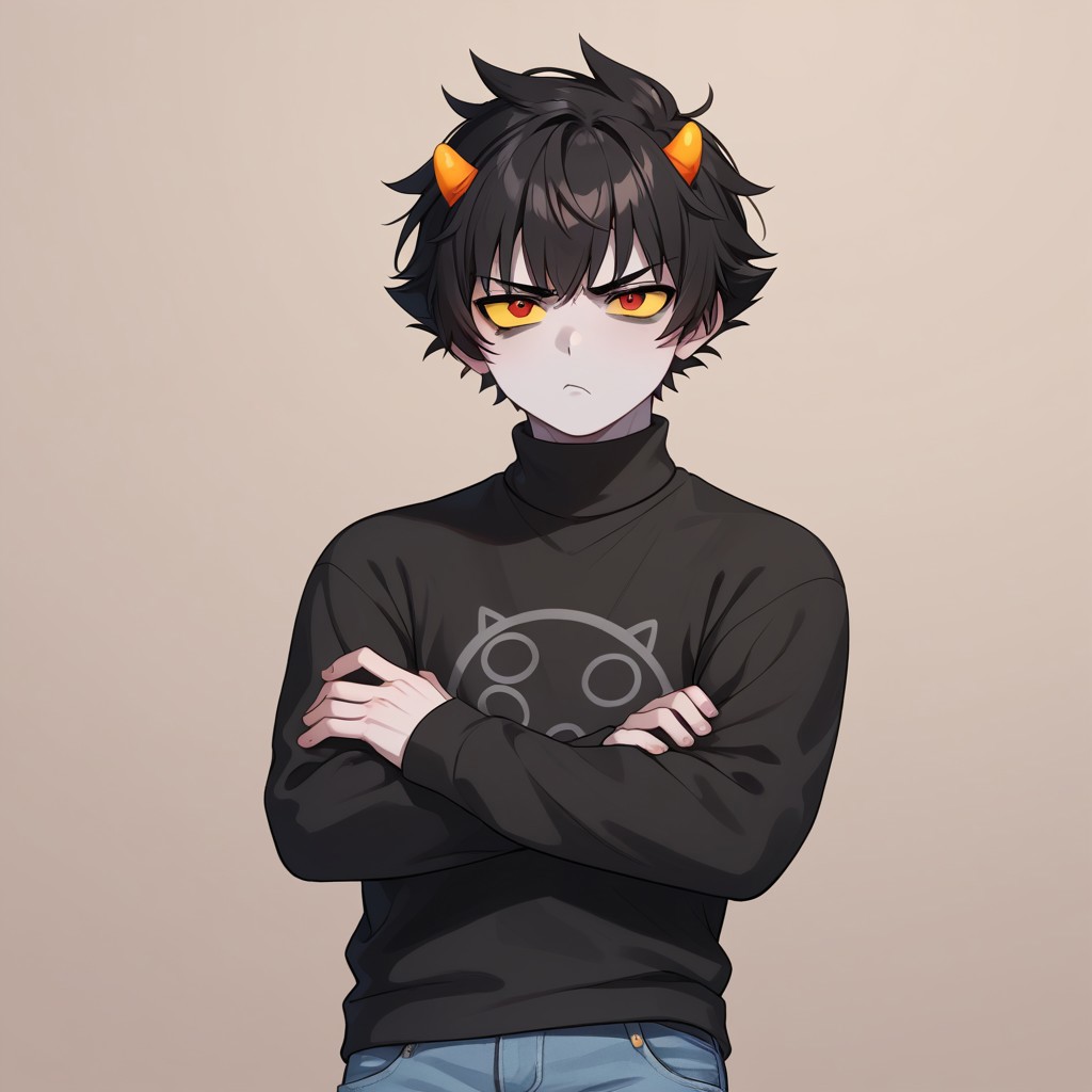score_9, score_8_up, score_7_up, best quality, flat coloring, flat shadows, thick lines,
BREAK, 
1boy, karkat, grey skin, yellow sclera, red eyes, black hair, short hair, horns, black shirt, sweater, long sleeves, grey pants, jeans, grumpy, arms crossed,