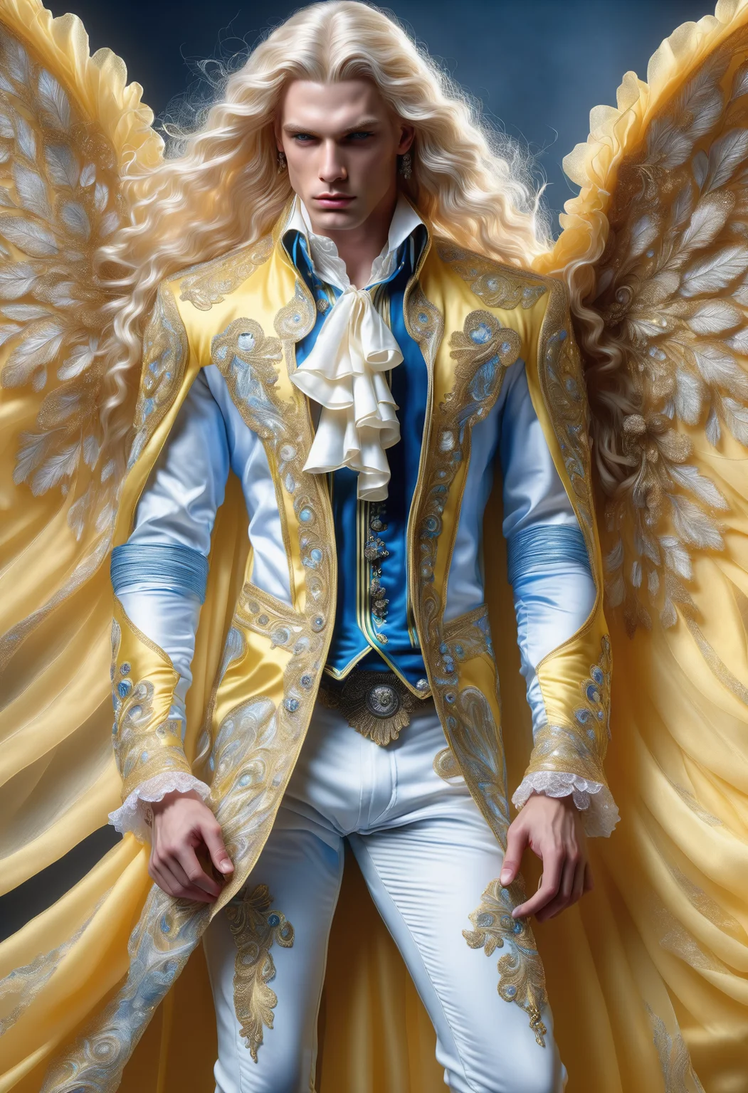 DonMM1yaXL man, baroque Doublets, Scalloped Organza, __clothings/baroque/male/attire/collor-cleavage__, Ribbon Tied Stocks, Lace-Up Breeches, Embroidered Handkerchiefs, blazingyellow, wings,DonM3t3rn1tyXL, <lora:myLora\DonMM1y4XL-v1.1-000008:.8> <lora:released\DonM3t3rn1tyXL-v1.1-000008:.8> <lora:SDXL\DetailedEyes_V3> <lora:myLora\DonMDr4g0nXL-rb>