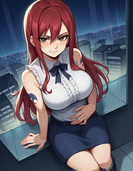score_9, score_8_up, score_7_up, source_anime, <lora:erza-scarlet-ponyxl-lora-nochekaiser:1>, erza scarlet, long hair, red hair, hair between eyes, brown eyes, large breasts,, skirt, shirt, bow, boots, sleeveless, sleeveless shirt, tattoo, white shirt, frills,, city skyline, rooftop view, night time, city lights, quiet reflection, smile, looking at viewer, hand on stomach, blush,, solo,, dutch angle,