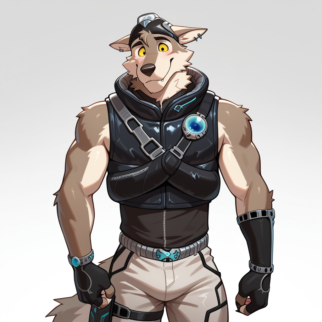 masterpiece, best quality, amazing quality, 1boy, solo, WendellFN, bara, hat, vest, shirt, shorts, fingerless gloves
