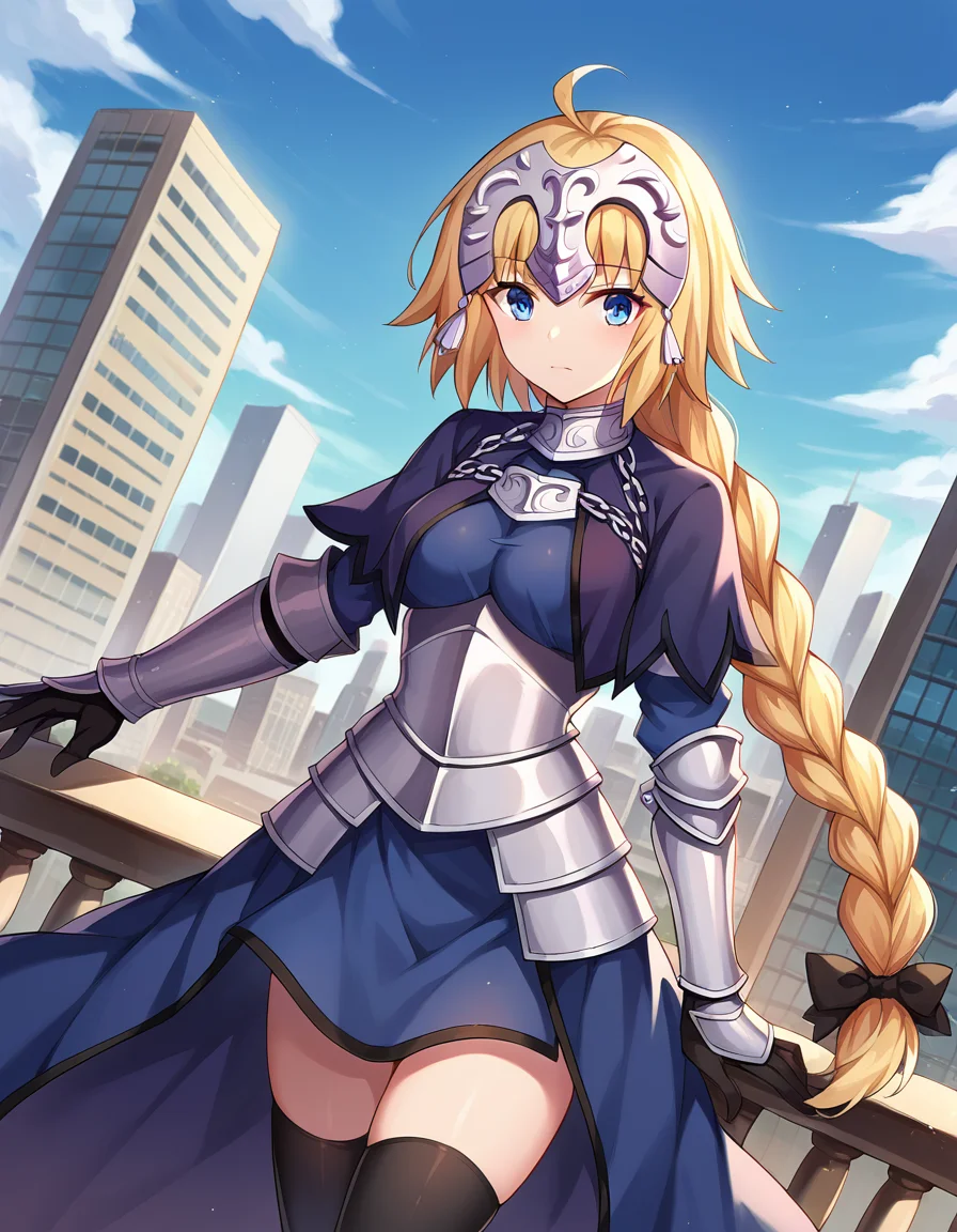 score_9, score_8_up, score_7_up, source_anime,
jeannedarc, <lora:jeanne-darc-ponyxl-lora-nochekaiser:1>,
jeanne darc, blonde hair, blue eyes, long hair,
armor, armored boots, armored dress, black gloves, black thighhighs, braid, dress, gauntlets, gloves, headpiece, blue dress, single braid, thighhighs,
outdoors, cityscape,
looking at viewer, dutch angle, cowboy shot,