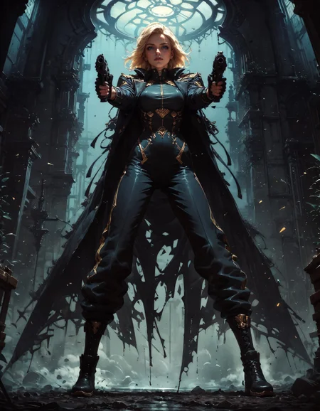 score_9, score_8_up, score_7_up, score_6_up, score_5_up, score_4_up,  1girl, full body, standing, legs apart, black pants, black shoes, holding gun, aiming, aiming at viewer, finger on trigger, two handed, FBI agent, blonde hair, short hair, posing, female focus, black suit, black uniform, solo, perfect female body, perfect eyes, posing for magazine, shiny skin, golden trim, black boots, black gloves