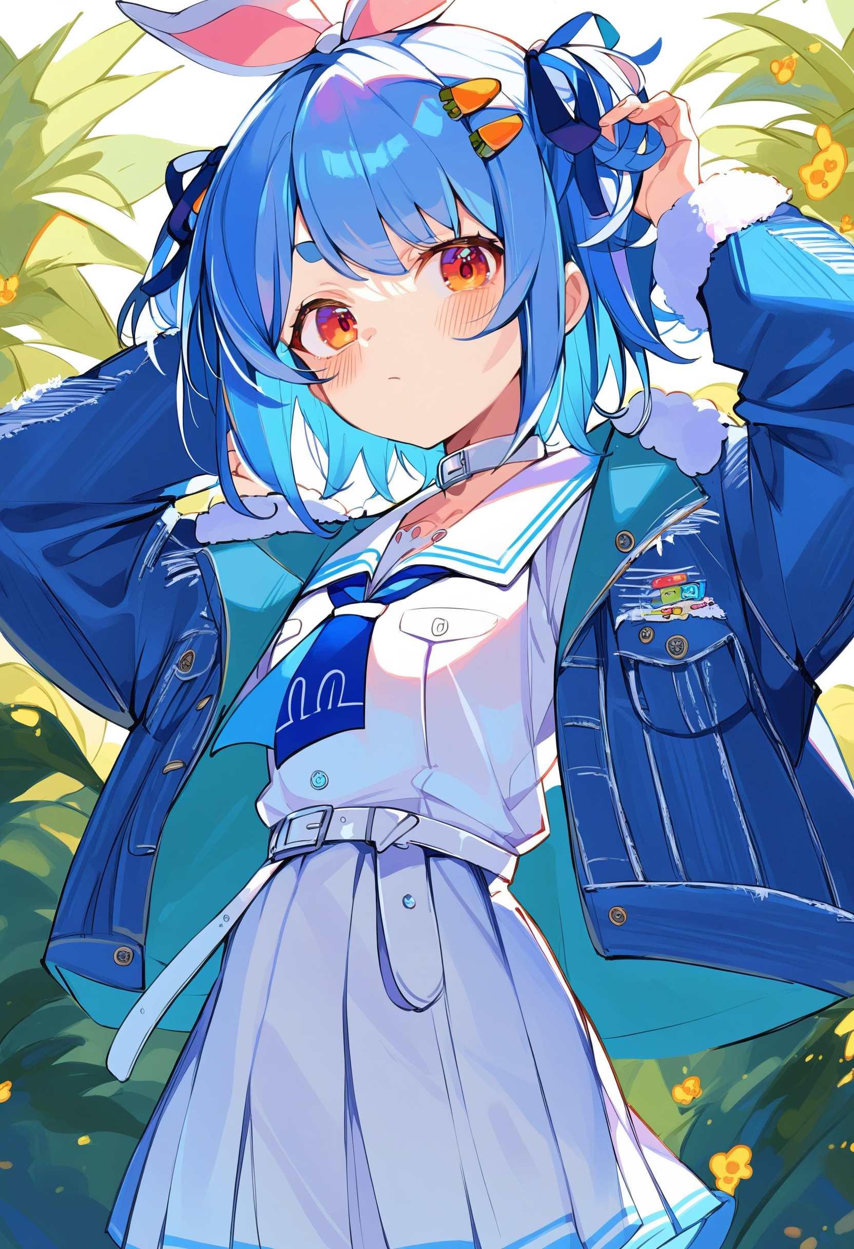 score_9, score_8_up, score_7_up, score_6_up, source anime,
usada pekora, usada pekora casual, fur-trimmed jacket, choker, denim jacket, open clothes, white belt, long sleeves, open jacket, sailor collar, blue neckerchief, pleated skirt, white sailor collar,
carrot hair ornament, thick eyebrows, rabbit ears,
official alternate hairstyle, short hair, hair ribbon, two side up, 
blush, looking at viewer, cowboy shot, hand in own hair, from side
<lora:usada_pekora_v1:1>