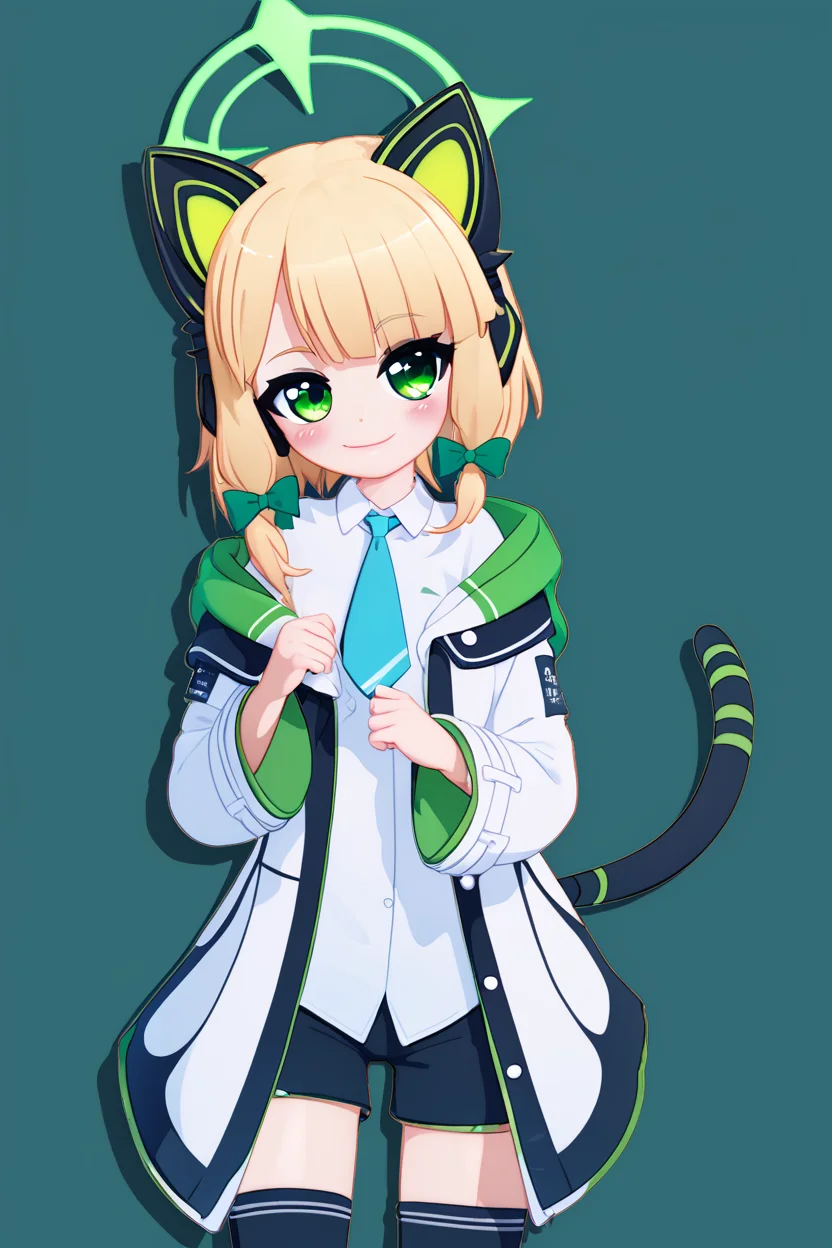 score_9, score_8_up, score_8, medium breasts, (curvy), cute, eyelashes, BREAK, , ,,, zzMidori, solo, blonde hair, short hair, green eyes, hair bow, tail, animal ears, fake animal ears, animal ear headphones, headphones, cat ear headphones, halo, hair bow, green halo, tail, cat tail, green bow, black thighhighs, blue necktie, collared shirt, long sleeves, white jacket, white shirt, black shorts, blush, black footwear, open jacket, hood, wide sleeves ,<lora:Midori_BlueArchive_PDXL:1.0>, ,,,, BREAK, smile, closed mouth, looking at viewer, cowboy shot, ,,, embedding:zPDXL, Expressiveh, ,,, <lora:MantisStyle_PDXL_v2:0.8>, <lora:SDXLFaeTastic2400:0.5>, <lora:Expressive_H-000001:0.4>,