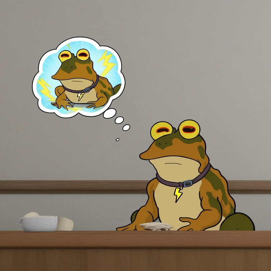 Hypnotoad with a thought bubble, inside the thought bubble is a lightning bolt symbol
