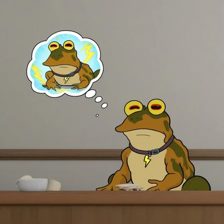 Hypnotoad with a thought bubble, inside the thought bubble is a lightning bolt symbol