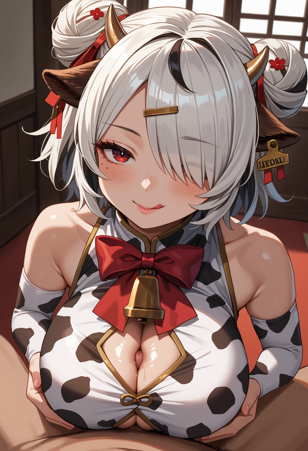 score_9,score_8_up,score_7_up,detailed,1girl,jelomrta,oiled body,huge breasts,pov,from above,paizuri under clothes,penis,indoors,hand on own chest,white hair,streaked hair,black hair,hair intakes,double bun,hair over one eye,short hair,hair ribbon,hairclip,red eyes,mole under eye,cow horns,cow ears,ear tag,china dress,short dress,cow print,red bowtie,neck bell,cleavage cutout,detached sleeves,looking at viewer,looking up,head tilt,seductive smile,licking lips,blush,<lora:Marota-JeloXL-000007:1>,