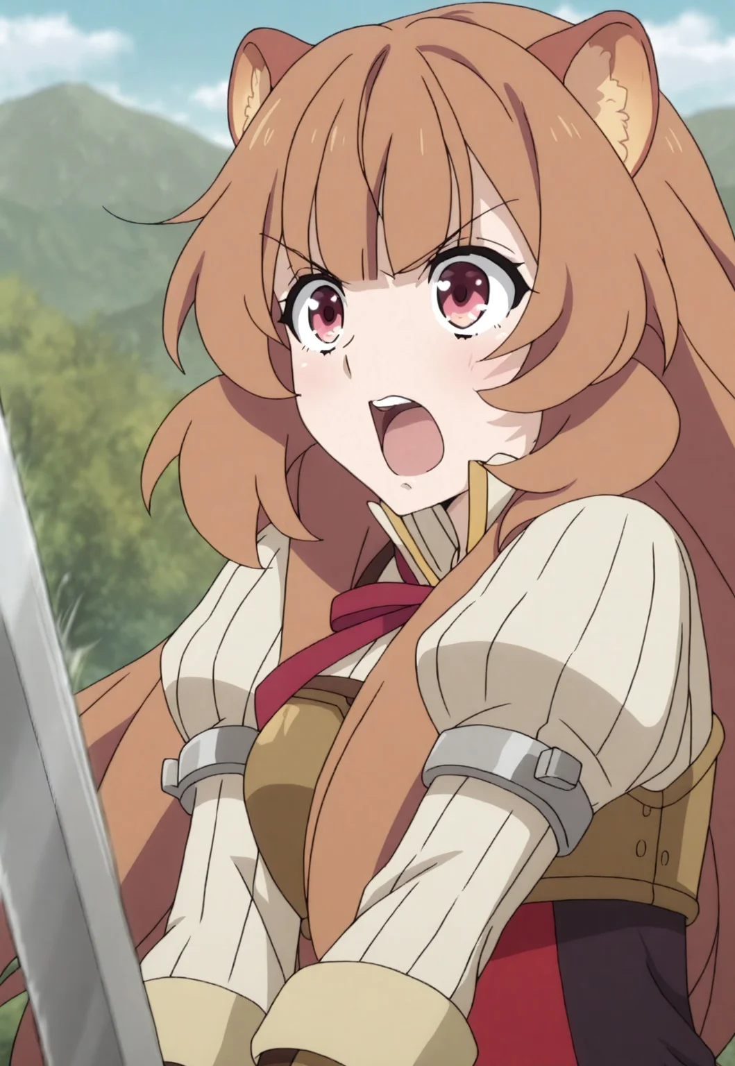 masterpiece, best quality, amazing quality, high quality, anime screenshot,  official art, expressive eyes, detailed hair flow,  intricate clothing folds, character accurate, 

[1girl, solo, raphtalia, long hair, bangs, brown hair, animal ears, raccoon ears, raccoon tail, raccoon girl, pink eyes, long sleeves, sweater, ribbed sweater, puffy sleeves, breastplate, ribbon, red ribbon, gauntlets, glove, brown gloves, belt, skirt, armor, thigh boots], 

scabbard, angry, open mouth, teeth, frown, standing, holding sword, fighting stance, v arms, floating hair, upper body, looking ahead, outdoors, tree, sky, day, cloud, mountain, blurry background, motion lines. 
<lora:raphtalia:0.35>
<lora:raphtalia_illust_scarxzys:0.8>
<lora:Raphtalia:0.4>
