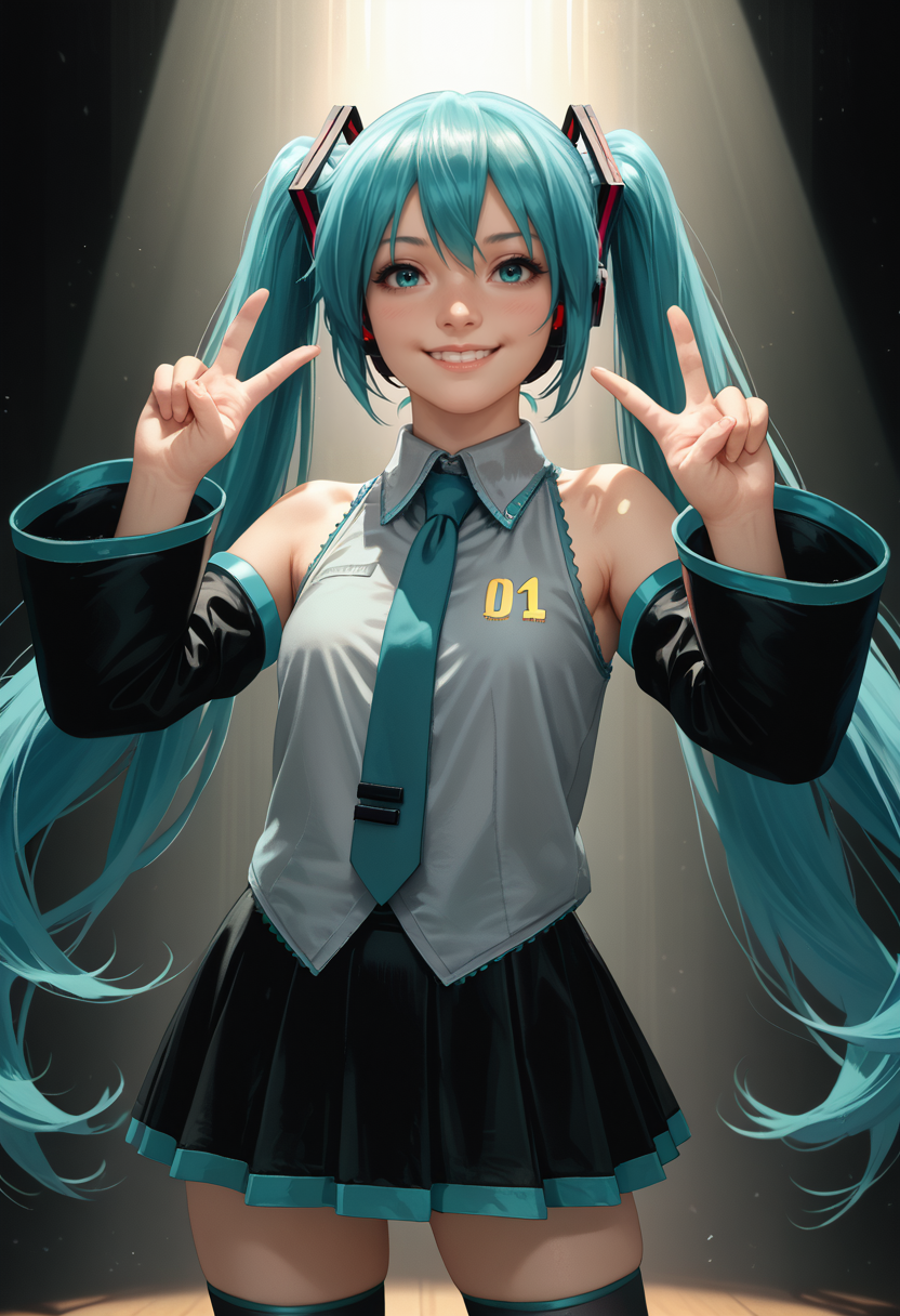 score_8_up, score_7_up, realistic, solo, 1girl, hatsune miku, smile, looking at viewer, standing, double v, aqua hair, twintails, aqua eyes, grey shirt, sleeveless shirt, aqua necktie, black sleeves, detached sleeves, black skirt, black thighhighs, spotlight <lora:style_themaestronoob_ponyXL:1>