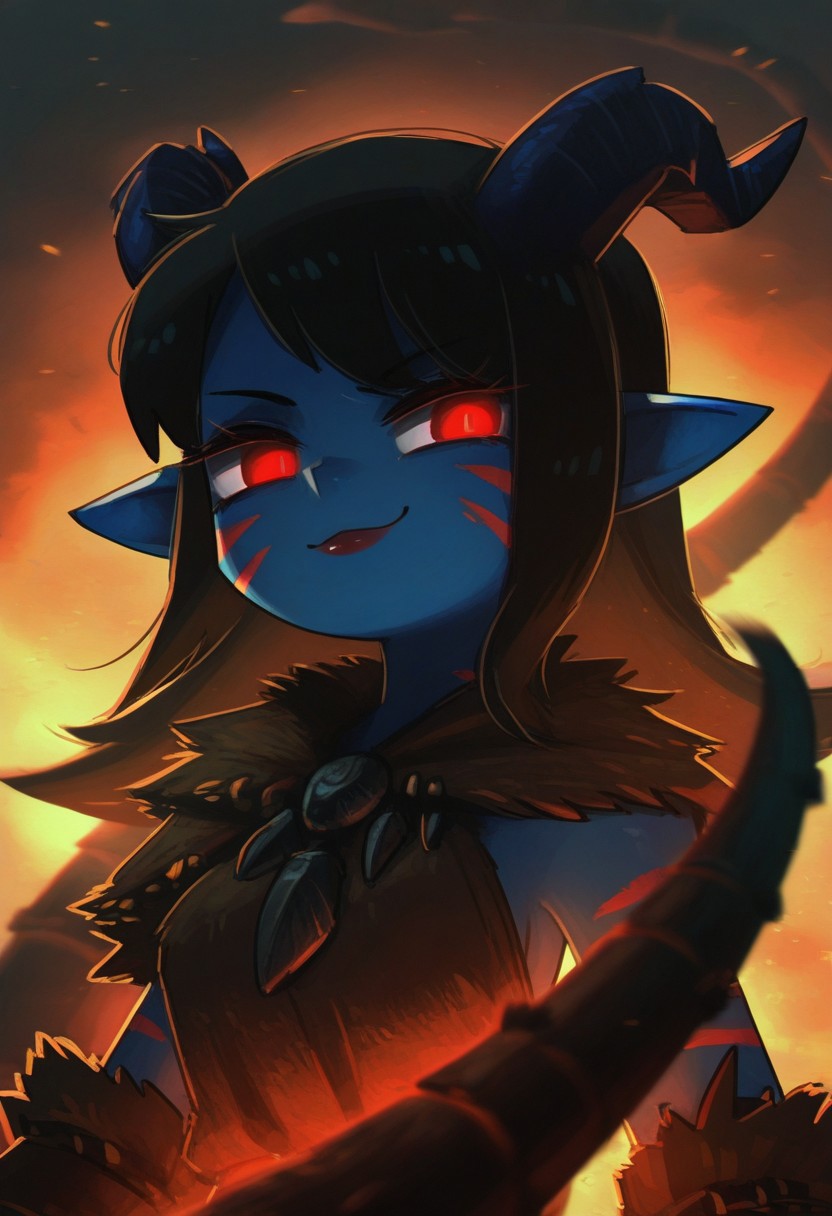 PRFRV Style, atmospheric lighting, 1girl, portrait, beautiful, tiefling shaman, black hair, (long hair:1.3), side bangs, horns, barbarian, gladiator, war paint, tribal markings, long tail, blue skin, red lips, red eyes, glowing eyes, (smug:0.85), dramatic lights, detailed