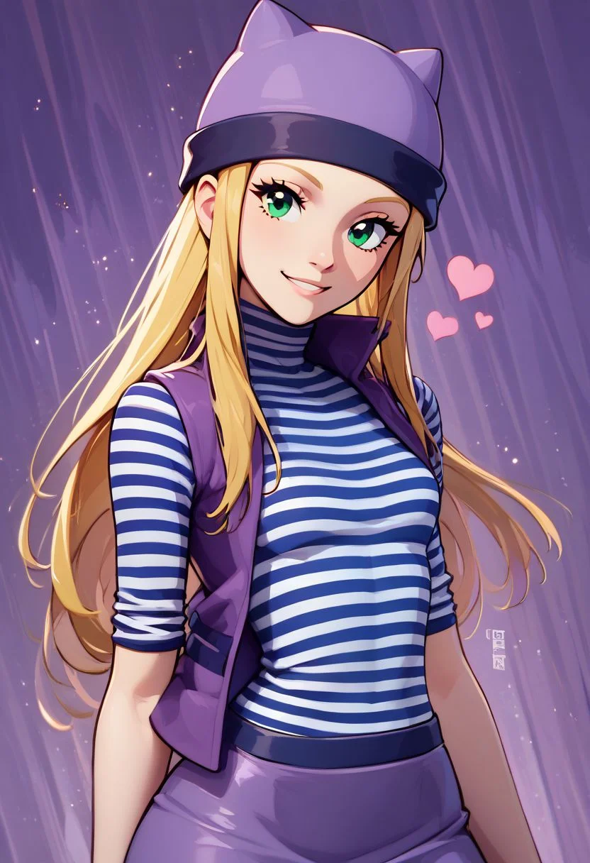 score_9, score_8_up, score_8, medium breasts, (curvy), cute, eyelashes,
rating safe,
BREAK,
zzIzumi, perfect, green eyes, blonde hair, long hair, purple vest, striped shirt, hat, skirt,
learning forward, head tilt,
BREAK,
smile, looking at viewer, cowboy shot,
abstract background, purple theme, hearts,
zPDXL, Expressiveh